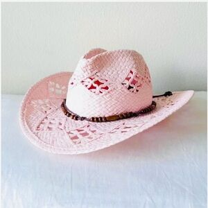 Lucky Brand Light Pink Straw Hat with Brown Beaded Hatband
